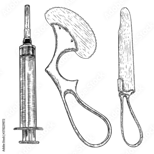 Set of hand drawn medical equipment. Surgical instruments, tool knife and syringe for surgery. Vector