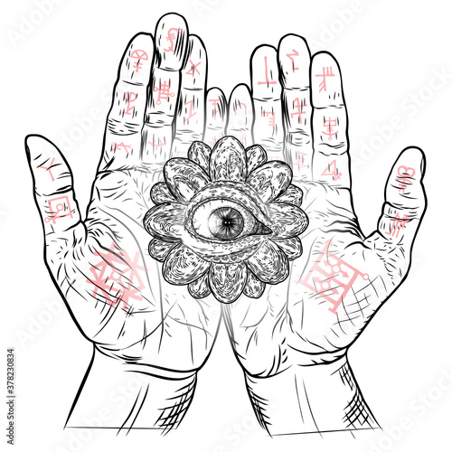 Fortune Teller hands or witch hands with all seeing eye. Mystic and occult symbols. Palmistry concept of spirituality, astrology and esoteric concept. Magic black ink tattoo flash idea. Vector