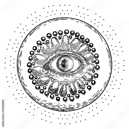 Mystic or all seeing eye drawing ink hand style. Conspiracy Illuminati theory.  Eye of Providence on the decorative background. Alchemy, religion, spirituality and occultism tattoo ink art. Vector.
