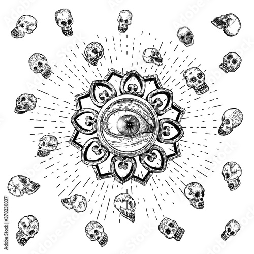 All seeing eye symbol element variation. Alchemy, religion, spirituality and occultism tattoo ink art. Vision of providence and conspiracy theory. Hand drawing in flash tattoo style artwork. Vector.