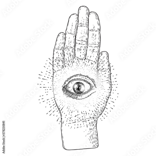 Fortune teller hand. Palmistry with all seeing eye. Magic alchemy spirituality symbol. Hand drawn sketchy palm reading with mystic and occult hand drawn esoteric eye. Vector.