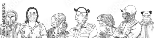 Composition of people in protective and medical face masks. Prevention and quarantine from infections, flu contaminated air pollution. COVID-19 new normal social concept. Hand drawn Vector.