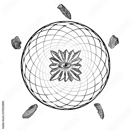 All seeing eye symbol element variation. Alchemy, religion, spirituality and occultism tattoo ink art. Vision of providence and conspiracy theory. Hand drawing in flash tattoo style artwork. Vector.