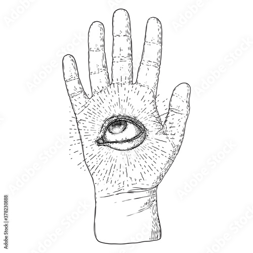 Fortune teller hand. Palmistry with all seeing eye. Magic alchemy spirituality symbol. Hand drawn sketchy palm reading with mystic and occult hand drawn esoteric eye. Vector.