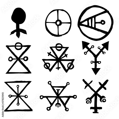 Set of Old Norse Scandinavian runes imaginary version. Runic alphabet symbols, futhark. Inspired by ancient occult symbols, vikings letters and runes. Vector.