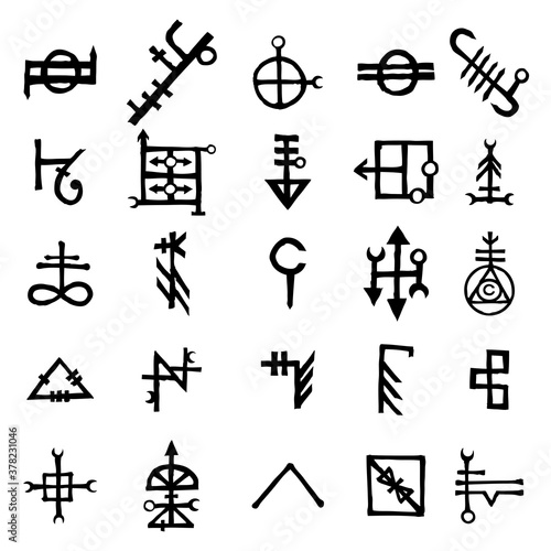 Set of alchemical symbols isolated on white background. Hand drawn and written elements for signs design. Inspiration by mystical, esoteric, occult theme. Vector.