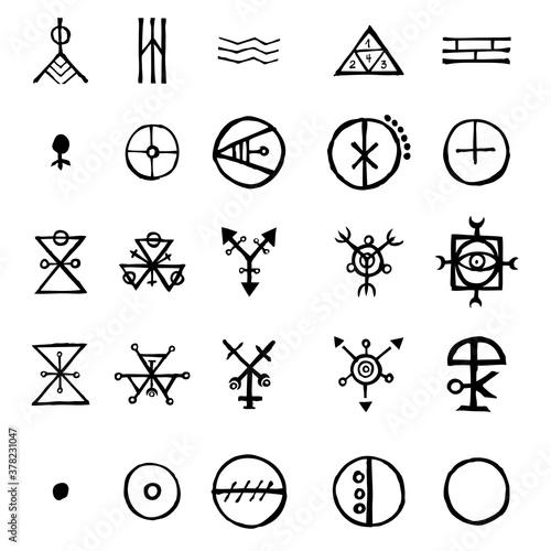 Set of alchemical symbols isolated on white background. Hand drawn and written elements for signs design. Inspiration by mystical, esoteric, occult theme. Vector.