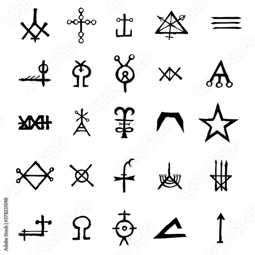 Set of alchemical symbols isolated on white background. Hand drawn and written elements for signs design. Inspiration by mystical, esoteric, occult theme. Vector.