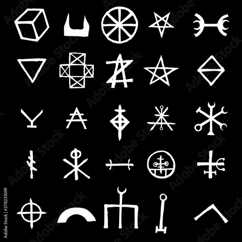 Wiccan symbols imaginary cross symbols, inspired by antichrist pentagram and witchcraft. Vector.