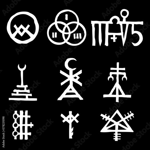 Set with mystic and occult symbols. Hand drawn and written alphabet signs. Spiritual masonic tattoo ideas. Vector.