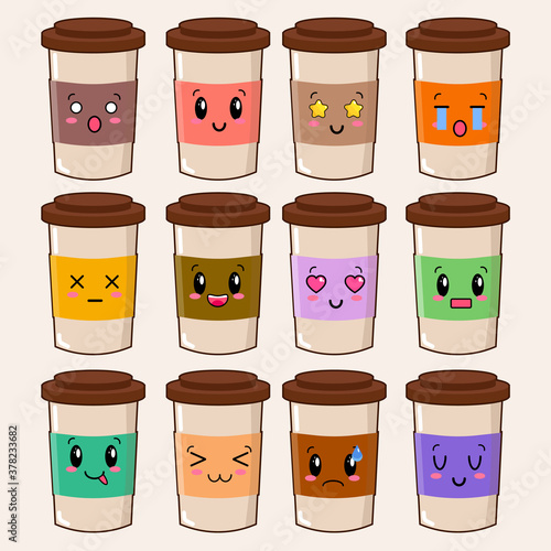 Cute happy funny coffee cup set collection. Isolated on white background. Vector cartoon character illustration EPS
