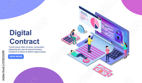 Smart digital contract concept with characters. Can use for web banner, infographics, hero images. Flat isometric vector illustration isolated on white background. EPS