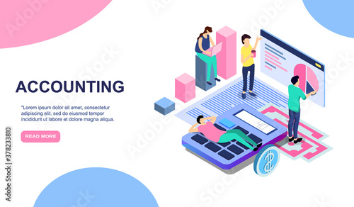 Tax payment time, financial annual accounting business concept . Vector 3d isometric illustration for web landing page, banner or poster design. Man calculates taxes rate. EPS