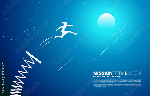 Silhouette of businesswoman jump to the moon with springboard. Concept of boost and growth in business.