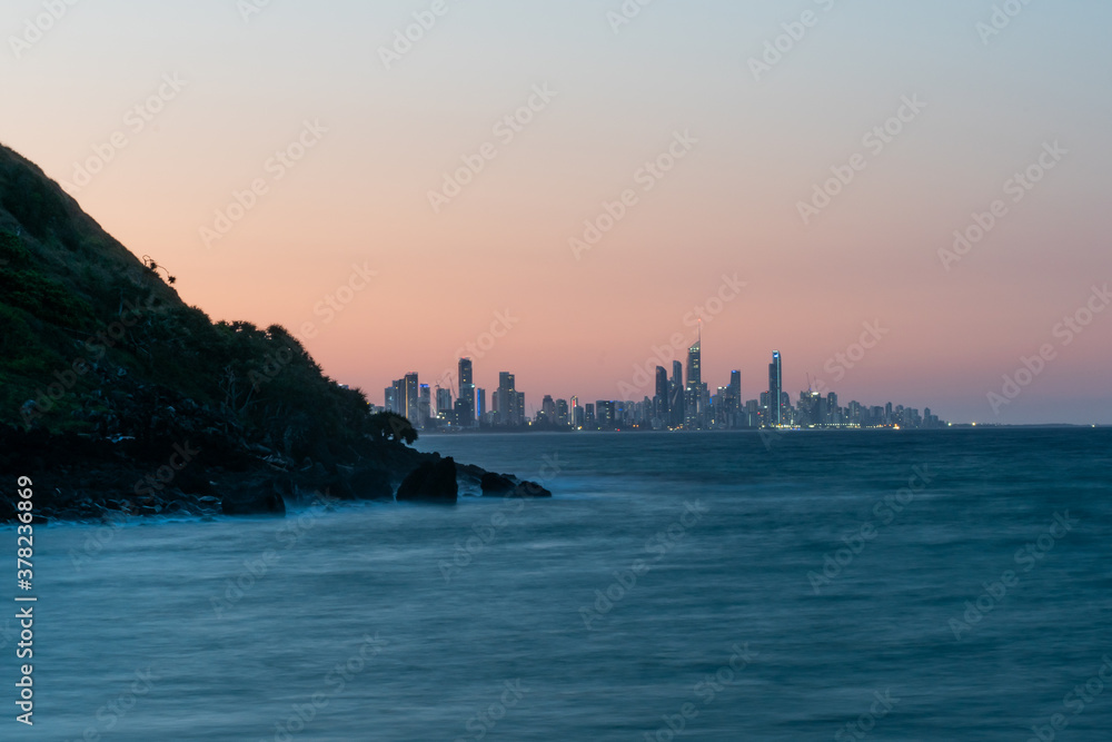 Surfers paradise and Burleigh headland with slow exposure