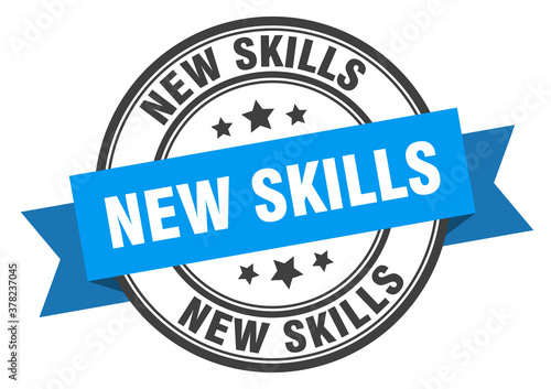 new skills label sign. round stamp. band. ribbon