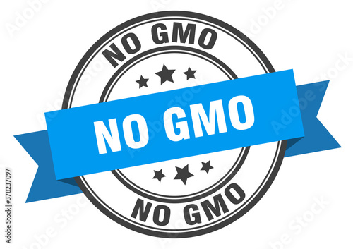 no gmo label sign. round stamp. band. ribbon