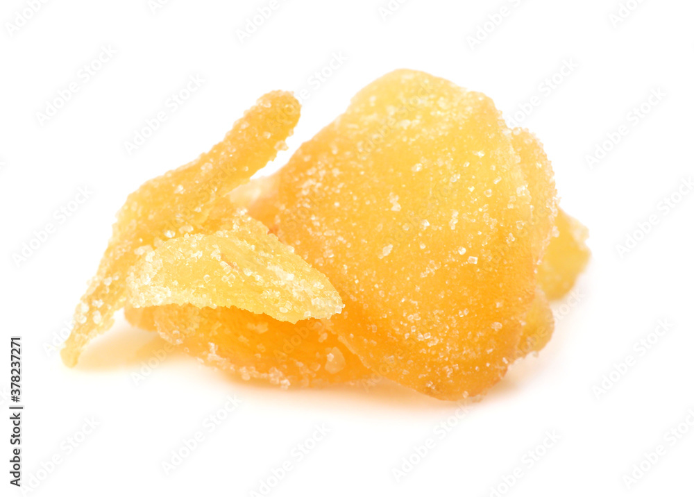 Dried ginger with sugar on a white background Dried ginger with sugar on a white background