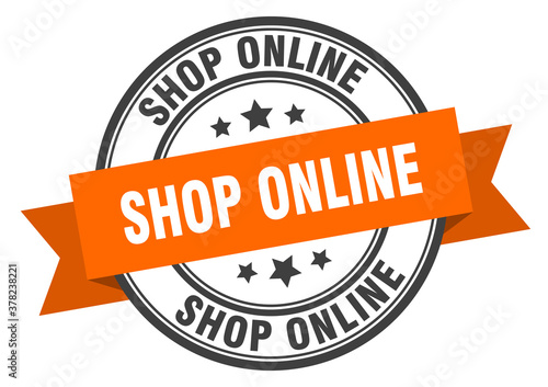 shop online label sign. round stamp. band. ribbon
