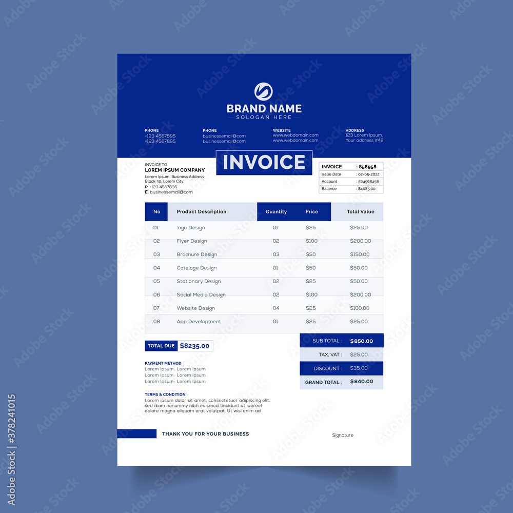 Obraz premium blue color business invoice template, colorful business invoice template vector format