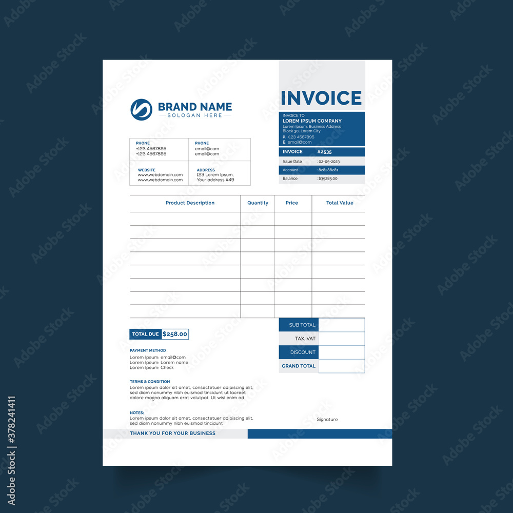 minimal business invoice format, modern invoice template