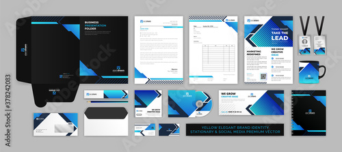 BRAND identity stationary & SOCIAL MEDIA modern Premium Vector design template set for corporate, office, finance and food industry with elegant blue color easy to edit