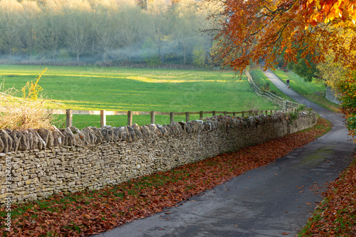 A trail for a quiet autumn walk in the UK countryside along an old stone wall with fallen leaves