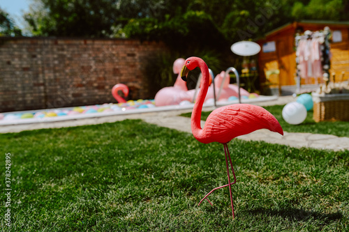 Beautifully decorated yard with pool balloons and pink flamingos. Garden decoration for a summer party