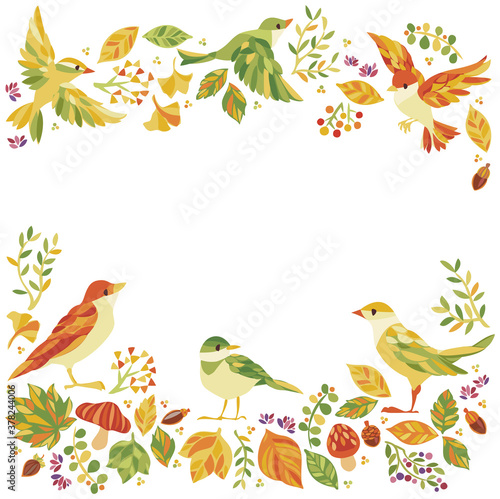 秋の紅葉 落ち葉、木の実、小鳥フレーム