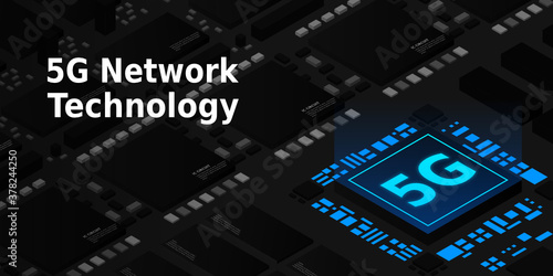 5G network processor illustration. Mobile wireless internet of next generation. Isometric futuristic micro chip. micro chip illustration. PC mainboard illustration background. 3D isometric hardware. 