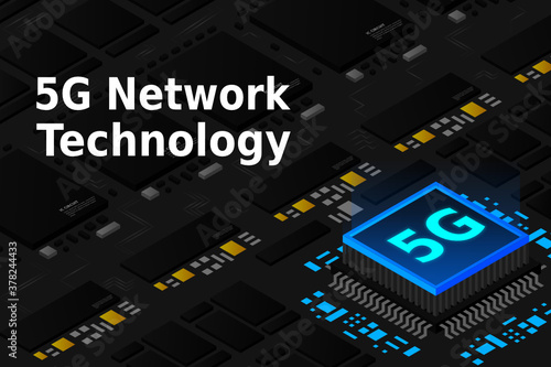 5G network processor illustration. Mobile wireless internet of next generation. Isometric futuristic micro chip. micro chip illustration. PC mainboard illustration background. 3D isometric hardware. 