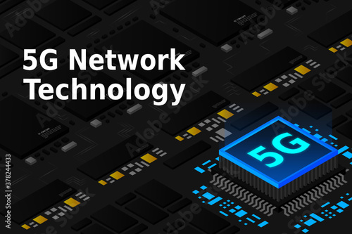 5G network processor illustration. Mobile wireless internet of next generation. Isometric futuristic micro chip. micro chip illustration. PC mainboard illustration background. 3D isometric hardware. 