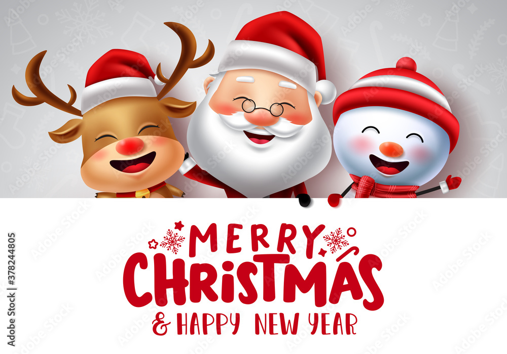 Christmas characters vector banner template. Merry christmas text in white empty space for messages with xmas character like santa claus, reindeer and snowman for holiday greeting card.
