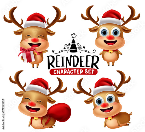 Reindeer characters vector set. Reindeer christmas animal character in different pose and gestures with red hat, sack and gift elements for xmas holiday collection design. Vector illustration  