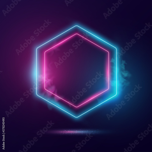 Hexagonal shape neon light banner background.