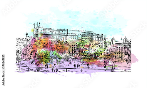 Building view with landmark of Barcelona is a city on the coast of northeastern Spain. Watercolor splash with hand drawn sketch illustration in vector.