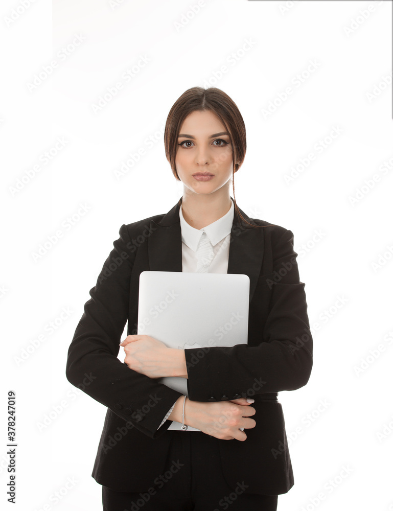 woman holding personal computer, laptop in hands woman holding personal computer, laptop in hands