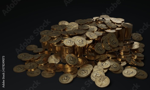 Piles of shiny gold coins with dollar sign. 3D illustration.