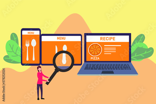 Searching online recipe vector concept: Woman using a magnifying glass to search online recipe on the mobile phone, digital tablet, and laptop computer