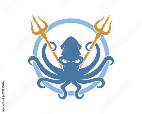 Octopus holding golden trident logo