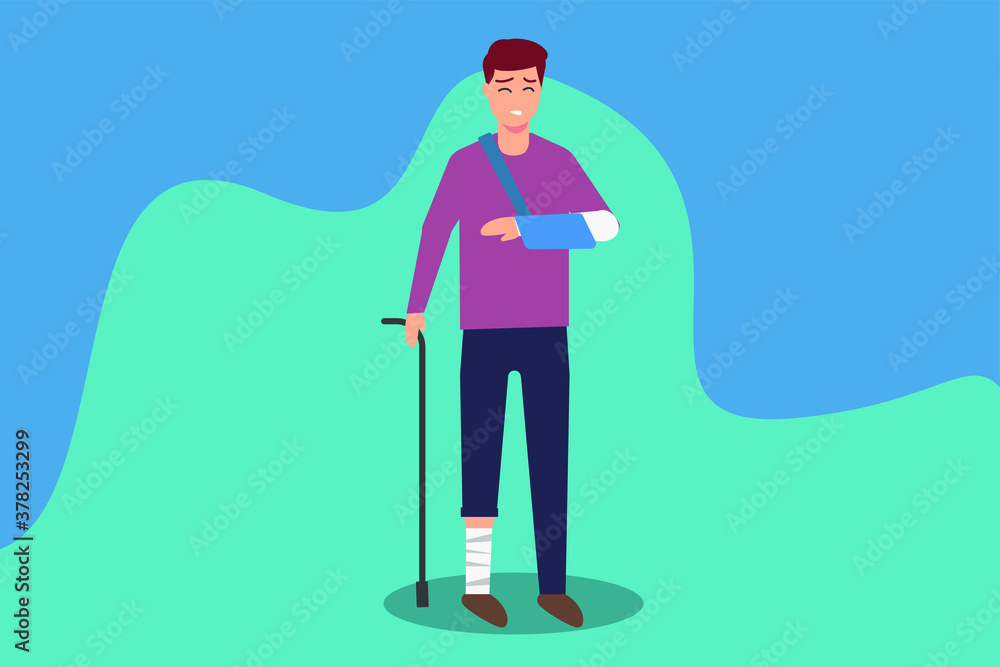 Injured vector concept: Injured man with broken arm and leg walking against blue background Injured vector concept: Injured man with broken arm and leg walking against blue background