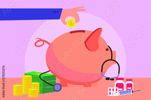 Health Insurance concept: Hand saving money in a piggy bank with a stethoscope and drug on the table