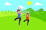 Healthy lifestyle vector concept: Young mother and little daughter doing yoga pose together in the meadow