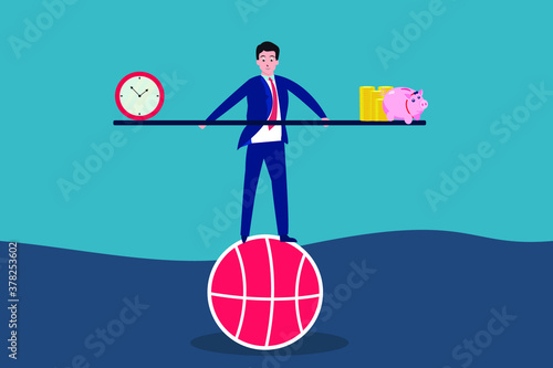 Business vector concept: Businessman balancing time with piggy bank and coins while standing on a basketball