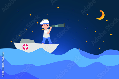 Kids dream vector concept: Little sailor looking on the night sky with telescope while standing on the boat 