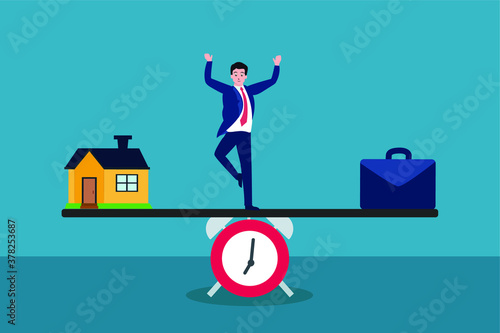 Business vector concept: Businessman balancing time between time at home and work
