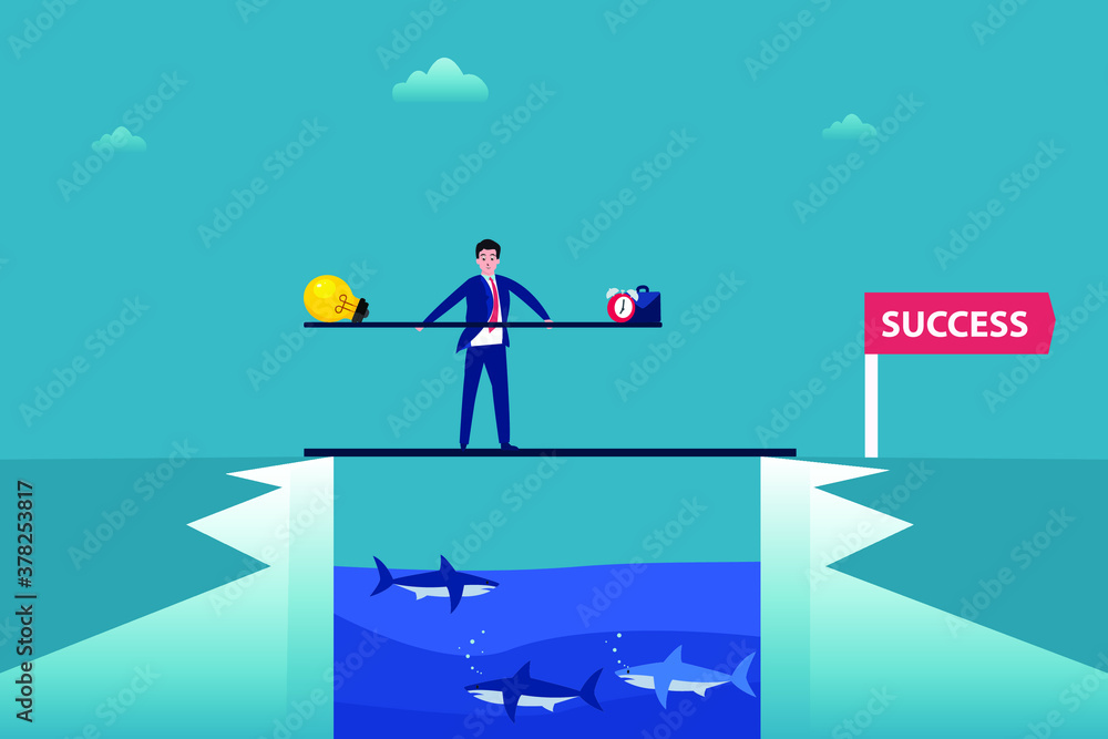 Work smart vector concept: Businessman walking on the bridge while balancing between light bulb with time and briefcase to success Work smart vector concept: Businessman walking on the bridge while balancing between light bulb with time and briefcase to success