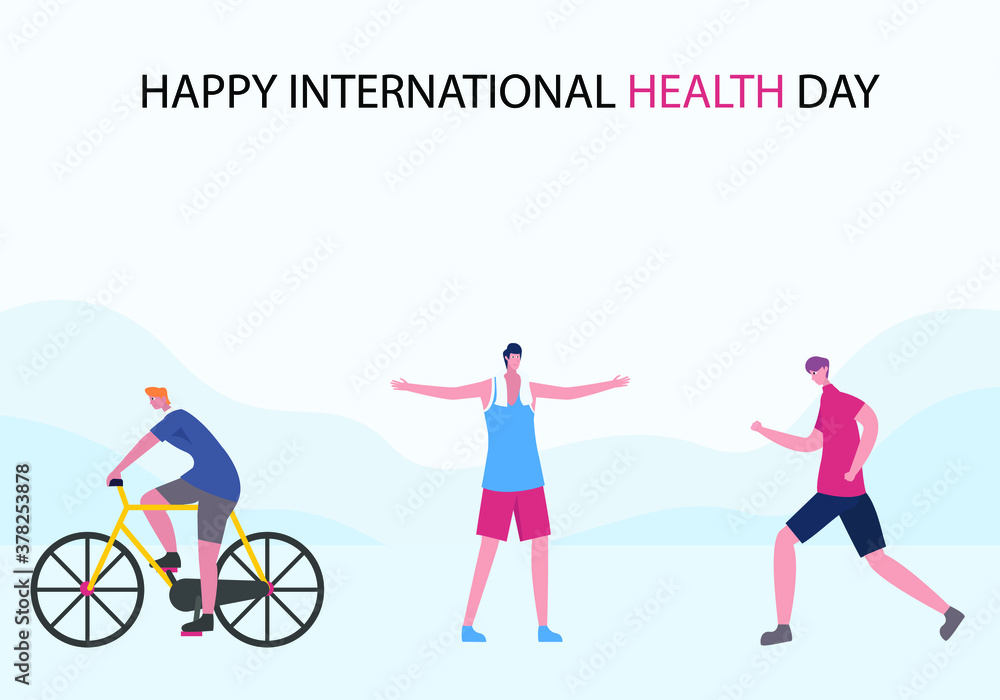 Health day vector concept: Young men doing exercise together with text of  happy international health day 