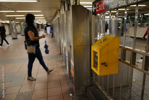Sept 10, 2020 Hand sanitizer station at 34th Street Subway Station, Manhattan, after re-opening from the lockdown from Covid-19, New York City, NYC, USA.