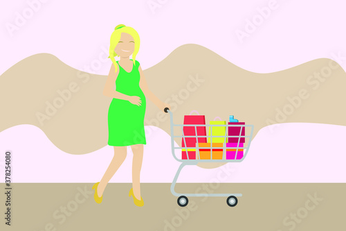 Pregnancy vector concept: Pregnant woman shopping in the supermarket while walking with trolley 